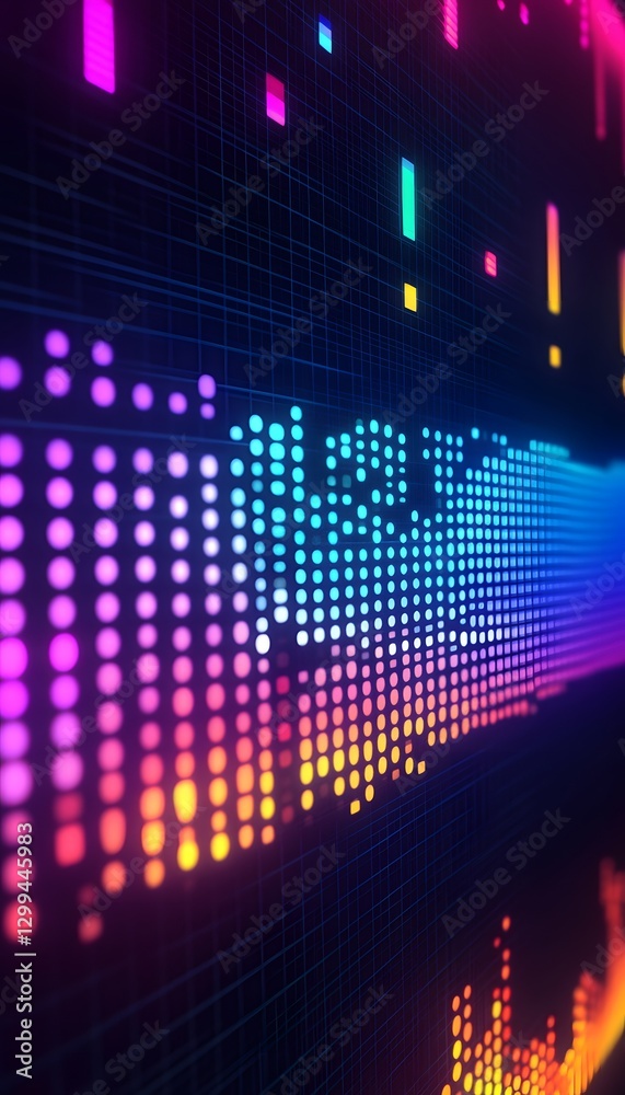 Poster digitized display showing multicolored abstract visual data processing
