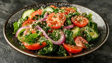 Fresh kale and tomato salad with cucumber, onion, and sesame seeds