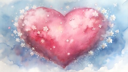 Obraz premium Soft watercolor illustration of a heart surrounded by floral elements on a pastel background