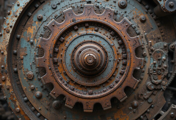 Fototapeta premium Close-up view of rusted gears and machinery parts, showcasing signs of neglect and disrepair