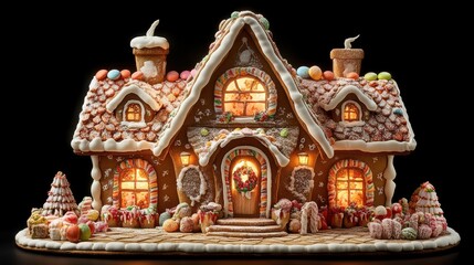 Obraz premium Festive gingerbread house with candy decorations and holiday lights