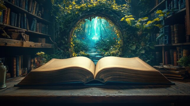 Enchanting open book in magic forest library leading to mystical pathway