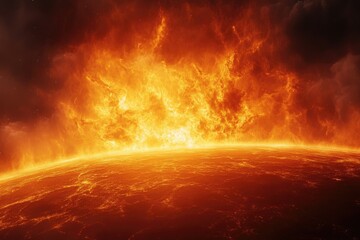 Fiery inferno engulfing a planet, immense flames consuming the landscape.