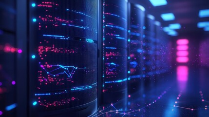 Obraz premium Futuristic neon-lit data center with digital network connections