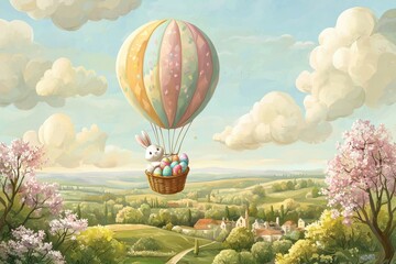 Fototapeta premium Easter Bunny Delivering Eggs in a Hot Air Balloon A playful illustration of an Easter bunny soaring through the sky in a pastel-colored hot air balloon, with a large basket full of decorated eggs. Bel