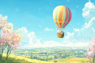 Obraz premium Easter Bunny Delivering Eggs in a Hot Air Balloon A playful illustration of an Easter bunny soaring through the sky in a pastel-colored hot air balloon, with a large basket full of decorated eggs. Bel