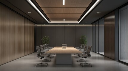 A contemporary office boardroom with chairs surrounding a polished wooden table.