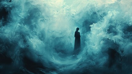 Woman in ethereal teal landscape