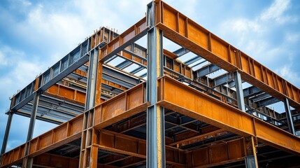Fototapeta premium Steel framework of a building under construction against a blue sky.