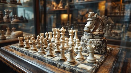 Intricate ornate chess set with carved figures on a wooden board