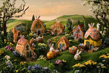 Easter Bunny Village in a Fairytale Setting An enchanting Easter bunny village nestled among rolling green hills