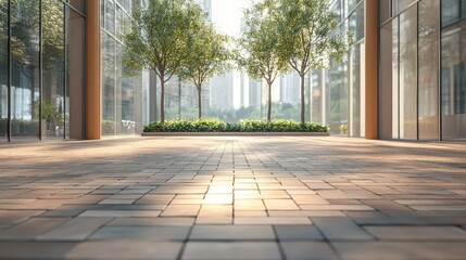 Fototapeta premium Sunny urban courtyard with pavement and trees in modern cityscape