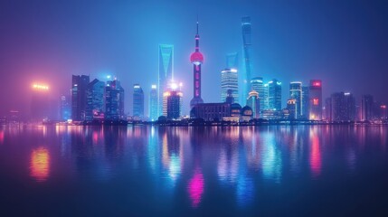 Obraz premium Vibrant night skyline of shanghai with colorful reflections on water