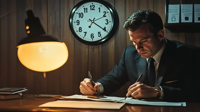 Businessman focused on paperwork in a dimly lit office with a clock showing 420 PM