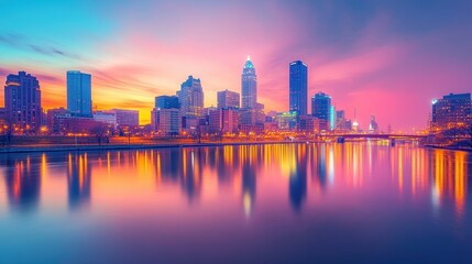 Fototapeta premium Vibrant cityscape at dusk with illuminated skyline reflected on tranquil river