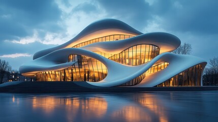 Futuristic fluid architecture at dusk with illuminated curves and glass facade
