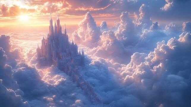 Majestic castle in the clouds at sunset with dramatic sky
