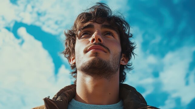 Young caucasian male gazing upward against blue sky