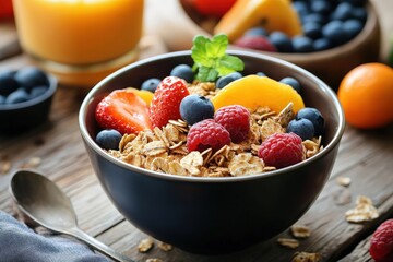 Healthy breakfast with muesli, berries and peach slices