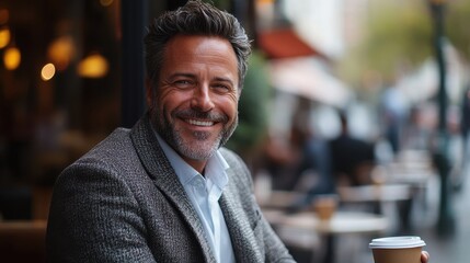 Fototapeta premium Smiling mature caucasian male enjoying coffee outdoors at a cafe