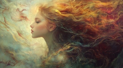Young woman with fiery red hair, ethereal beauty.