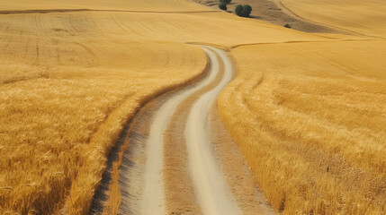Obraz premium A dirt road cutting through a golden wheat field.