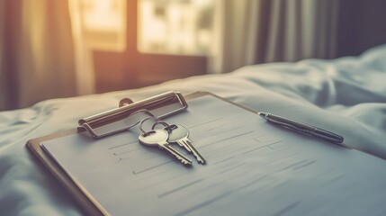 A hotel housekeeping checklist with a pen, clipboard, and a set of room keys.
