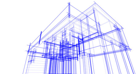 Futuristic Architectural Wireframe. Abstract Modern Building Design in Digital Sketch Style