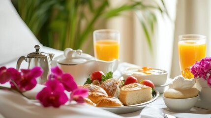 A luxury hotel room service tray with breakfast, fresh flowers, and a welcome note.