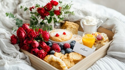 A luxury hotel room service tray with breakfast, fresh flowers, and a welcome note.