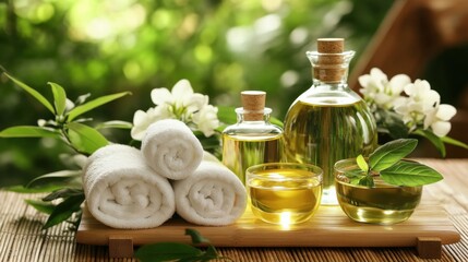 A luxury spa treatment setup with massage oils, rolled towels, and herbal tea.