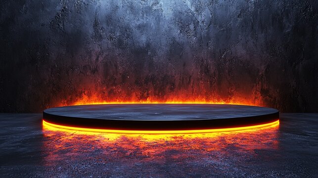 Dark circular platform with fiery glow.