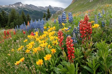 Fototapeta premium Indian paintbrush and lupine blooming in colorado mountain meadow