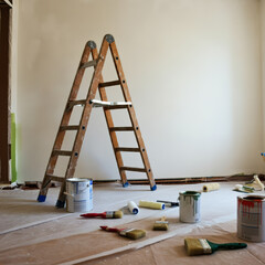 Home renovation in progress with wooden ladder, paint cans, and tools, DIY home improvement, interior remodeling, fresh wall paint