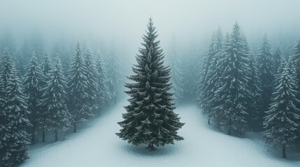 Fototapeta premium Conifer stands tall in forest covered by snow on a foggy day for Christmas card