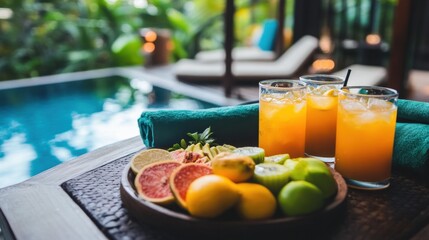 Fototapeta premium A poolside cabana service setup with chilled drinks, towels, and a fruit platter.