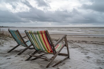 Two empty beach chairs facing a windy cloudy ocean on a deserted beach