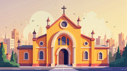 Fototapeta premium Vibrant church in cityscape at sunset, urban spirituality