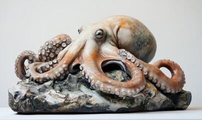 Fototapeta premium Octopus resting on rock, displaying tentacles and textured skin.