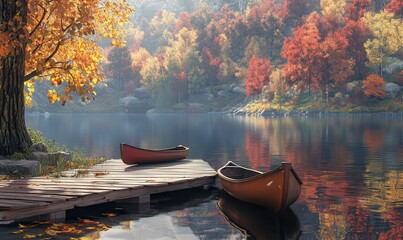 A peaceful lakeside scene with wooden docks, still water reflecting vibrant autumn trees, and a small canoe resting nearby