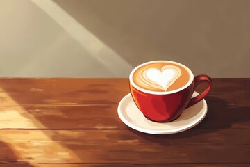 Obraz premium Red coffee cup with heart latte art sitting on wooden table in sunbeam
