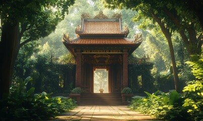 Fototapeta premium A serene Buddhist temple surrounded by lush greenery, intricate architecture highlighted by soft morning light, creating a spiritual ambiance
