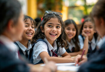 Cheerful latin american schoolchildren in uniforms sit at a table, laughing and engaging in a fun learning activity in a classroom.