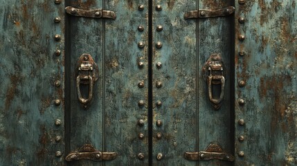 Fototapeta premium Weathered Metal Door With Rusty Hinges And Handles