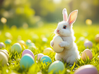 Fototapeta premium Easter rabbit among the eggs in green grass holds