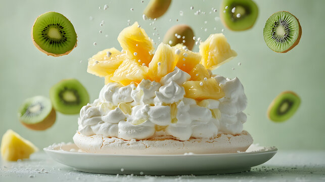 A whimsical Pavlova cake garnished with kiwi slices and pineapple pieces that appear to be suspended in mid-air