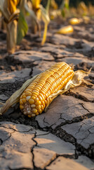 A dry corn cob lies on cracked soil
