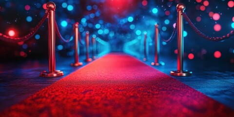 Brightly lit red carpet pathway lined with stanchions and rope, creating a glamorous atmosphere for an event