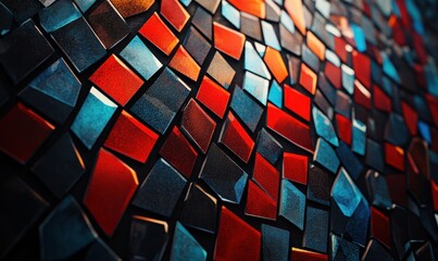 Fototapeta premium Abstract geometric mosaic pattern with bold red, blue, and black tiles glowing under dramatic lighting