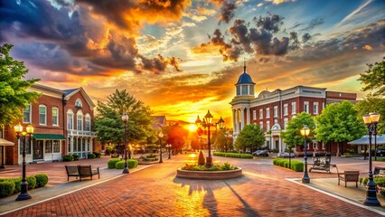 Charming Franklin, Tennessee Downtown Square at Sunset - Stock Photo